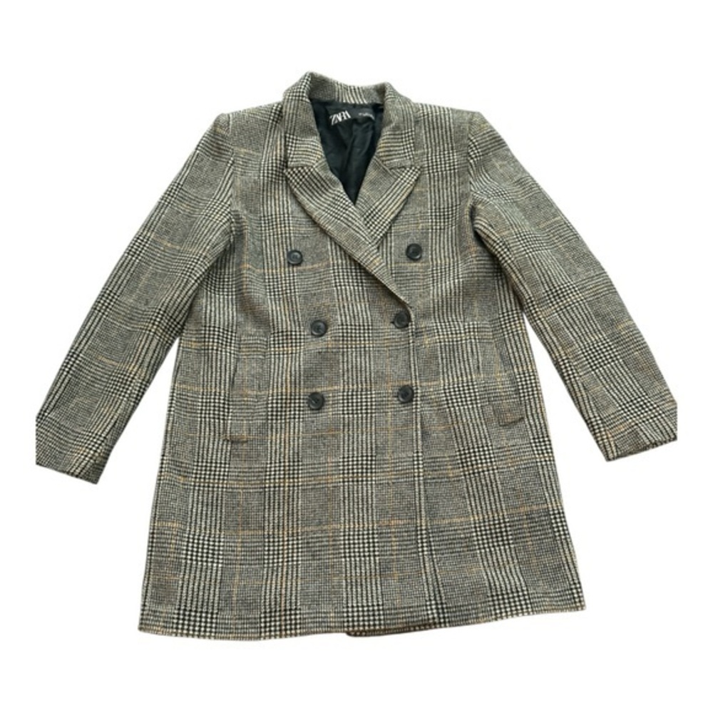 ZARA Plaid Wool-Blend Double Breasted Coat Gray Check Long Blazer Jacket S